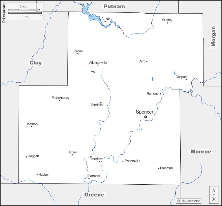 Contea di Owen : d-maps.com: mappa gratuita, mappa muta gratuita, cartina muta gratuita : frontiere, idrografia, principali città, nomi