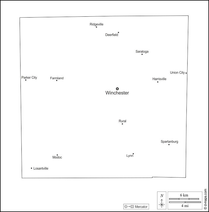 Contea di Randolph : d-maps.com: mappa gratuita, mappa muta gratuita, cartina muta gratuita : contorni, principali città, nomi, bianco