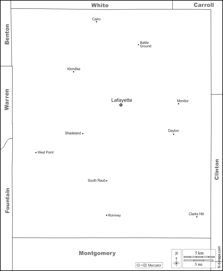 Contea di Tippecanoe : d-maps.com: mappa gratuita, mappa muta gratuita, cartina muta gratuita : frontiere, principali città, nomi, bianco