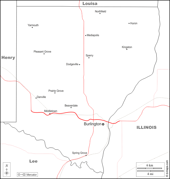 Contea di Des Moines : d-maps.com: mappa gratuita, mappa muta gratuita, cartina muta gratuita : frontiere, principali città, strade, nomi, bianco