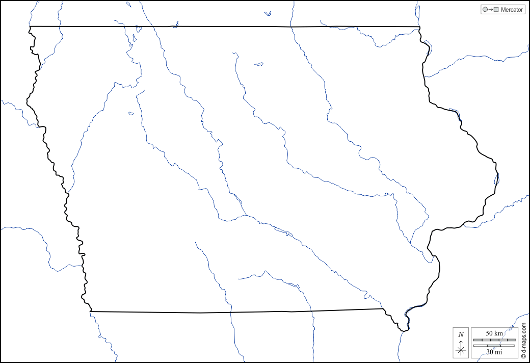 Iowa : d-maps.com: Kostenlose Karten, kostenlose stumme Karte, kostenlose unausgefüllt Landkarte, kostenlose hochauflösende Umrisskarte : Grenzen, Hydrografie, weiß