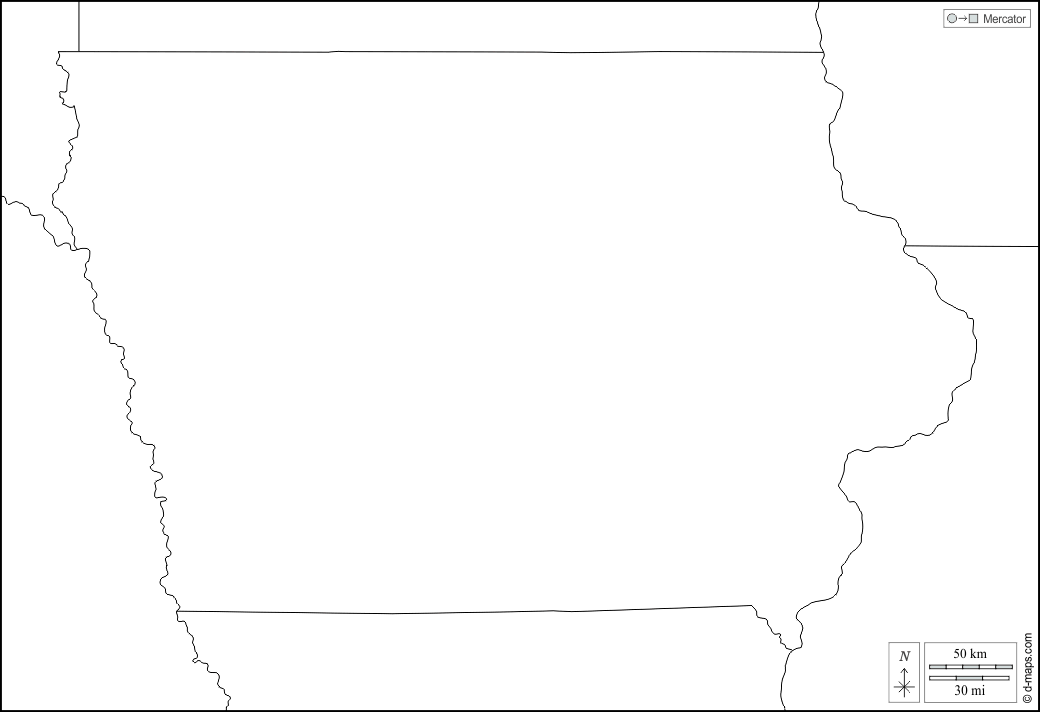 Iowa : d-maps.com: Kostenlose Karten, kostenlose stumme Karte, kostenlose unausgefüllt Landkarte, kostenlose hochauflösende Umrisskarte : Grenzen, weiß