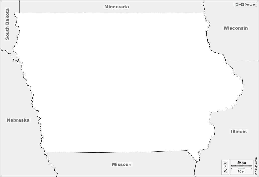 Iowa : d-maps.com: mapa gratuito, mapa mudo gratuito, mapa en blanco gratuito, plantilla de mapa : fronteras, nombres