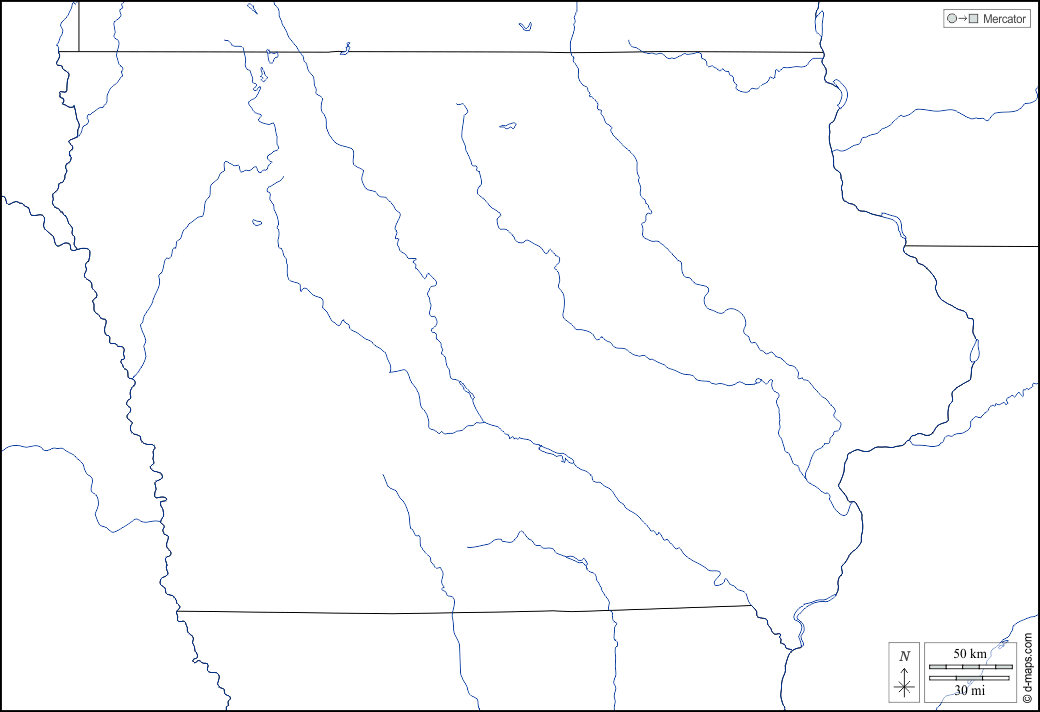 Iowa : d-maps.com: Kostenlose Karten, kostenlose stumme Karte, kostenlose unausgefüllt Landkarte, kostenlose hochauflösende Umrisskarte : Grenzen, Hydrografie, weiß