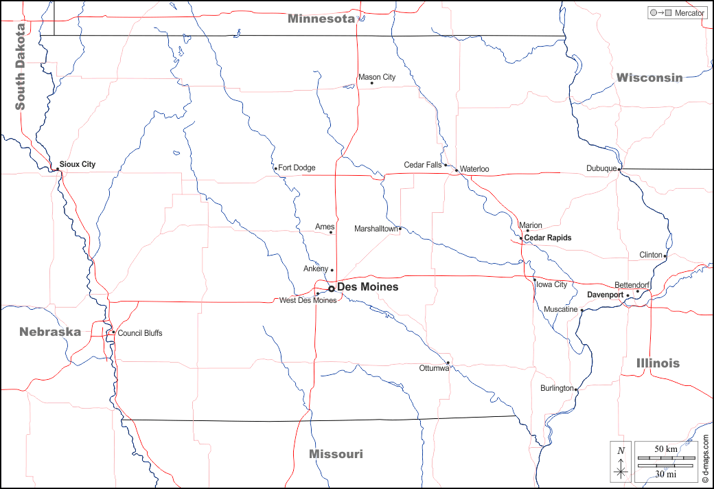 Iowa : d-maps.com: mappa gratuita, mappa muta gratuita, cartina muta gratuita : frontiere, idrografia, principali città, strade, nomi, bianco