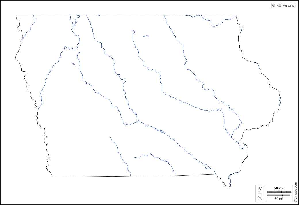 Айова : d-maps.com: Бесплатная карта, бесплатная карта, свободная карта, Бесплатная базовая карта
 : контур, гидрографии, Белый