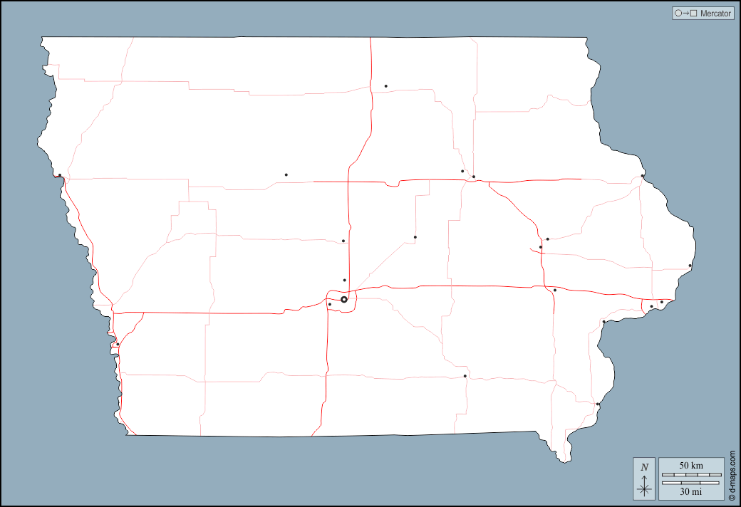 Айова : d-maps.com: Бесплатная карта, бесплатная карта, свободная карта, Бесплатная базовая карта
 : контур, Главные города, дорог
