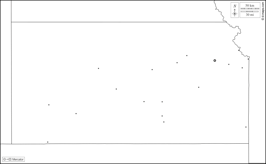Kansas : d-maps.com: Kostenlose Karten, kostenlose stumme Karte, kostenlose unausgefüllt Landkarte, kostenlose hochauflösende Umrisskarte : Grenzen, Wichtige Städte, weiß