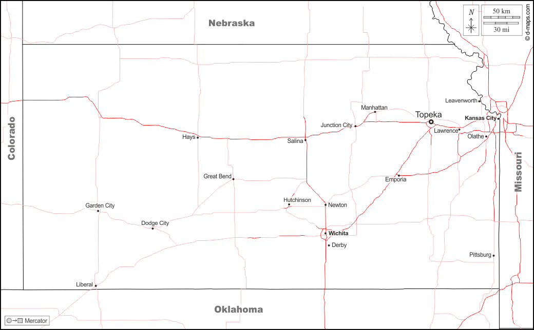 カンザス : d-maps.com: 無料地図, 無料の空の地図, 無料のアウトラインマップ, 無料のベースマップ
 : 境界, 主要都市, 道路, 名前, 白い