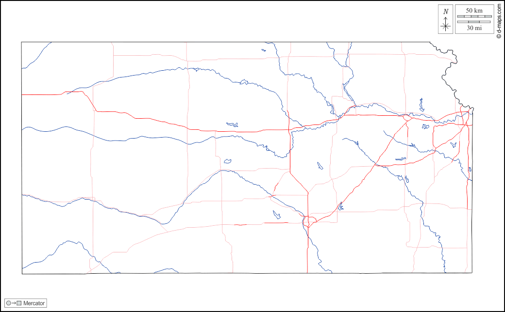 Kansas : d-maps.com: mappa gratuita, mappa muta gratuita, cartina muta gratuita : contorni, idrografia, strade, bianco