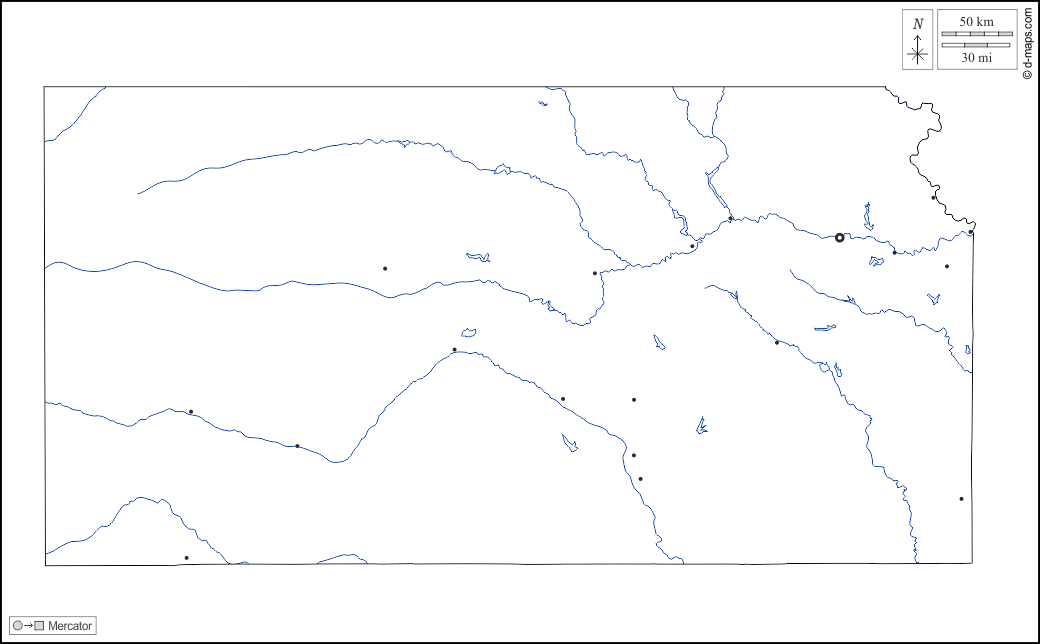 Kansas : d-maps.com: Kostenlose Karten, kostenlose stumme Karte, kostenlose unausgefüllt Landkarte, kostenlose hochauflösende Umrisskarte : Umrisse, Hydrografie, Wichtige Städte, weiß
