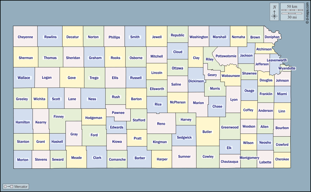 Kansas : d-maps.com: mappa gratuita, mappa muta gratuita, cartina muta gratuita : contorni, contee, nomi, colore