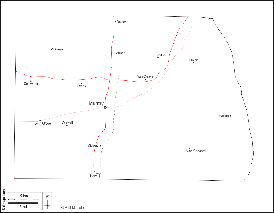 Contea di Calloway : d-maps.com: mappa gratuita, mappa muta gratuita, cartina muta gratuita : contorni, principali città, strade, nomi, bianco