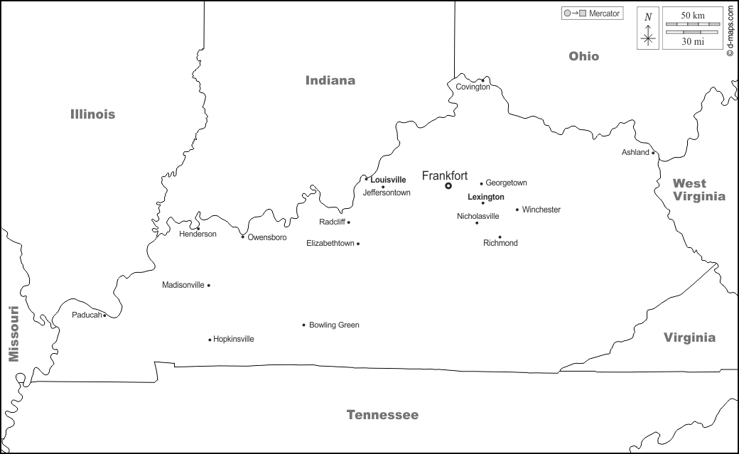 كنتاكي : خريطة مجانية, خريطة خاليه من الفراغ, خريطة الخطوط العريضة, خريطة القاعدة الحرة
 : حدود, المدن الرئيسية, أسماء, أبيض