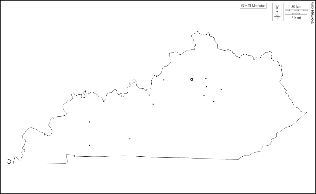 Kentucky : d-maps.com: mappa gratuita, mappa muta gratuita, cartina muta gratuita : contorni, principali città, bianco