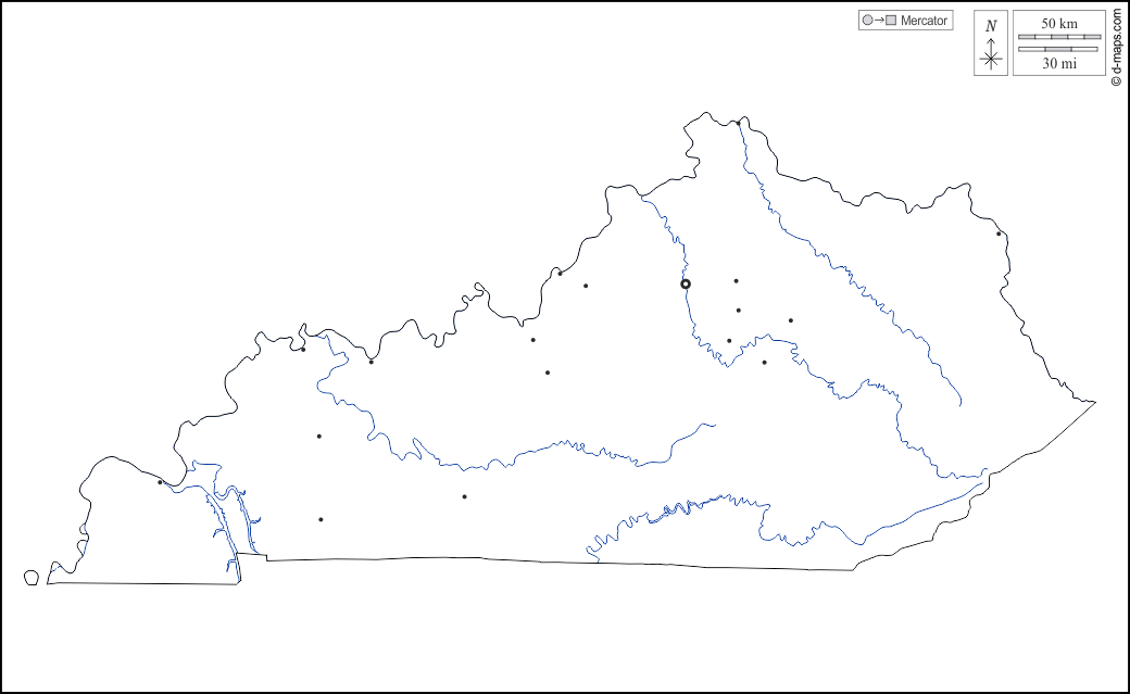 Kentucky : d-maps.com: carte géographique gratuite, carte géographique muette gratuite, carte vierge gratuite, fond de carte gratuit, formats graphiques courants : contours, hydrographie, principales villes, blanc