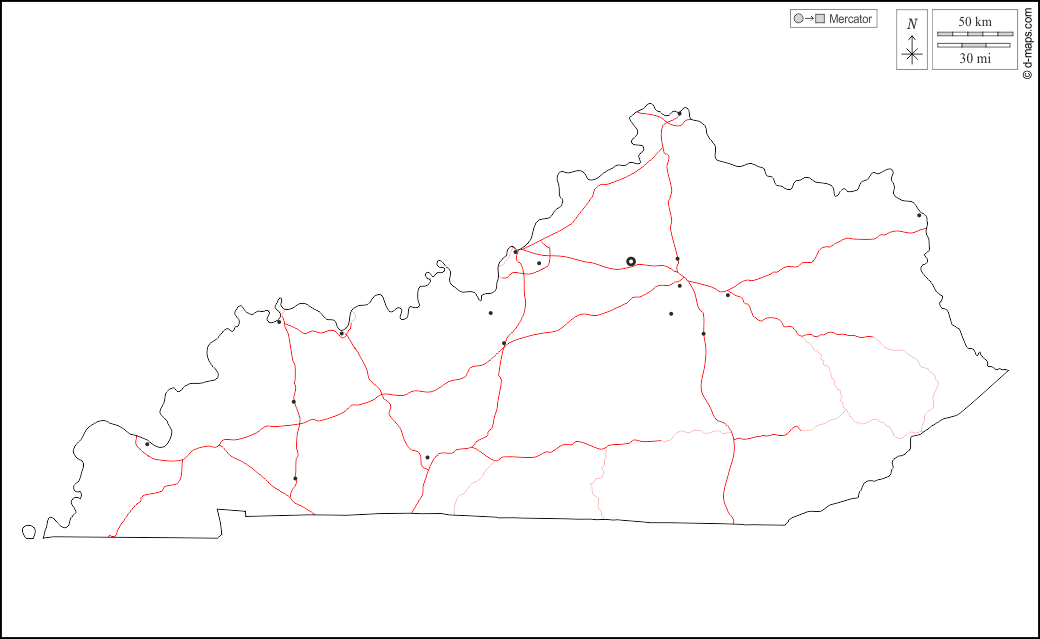 Kentucky : d-maps.com: mapa livre, mapa em branco livre, mapa livre do esboço, mapa básico livre
 : contornos, principais cidades, estradas, branco
