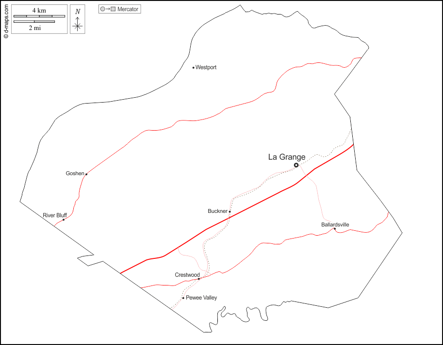 Contea di Oldham : d-maps.com: mappa gratuita, mappa muta gratuita, cartina muta gratuita : contorni, principali città, strade, nomi, bianco