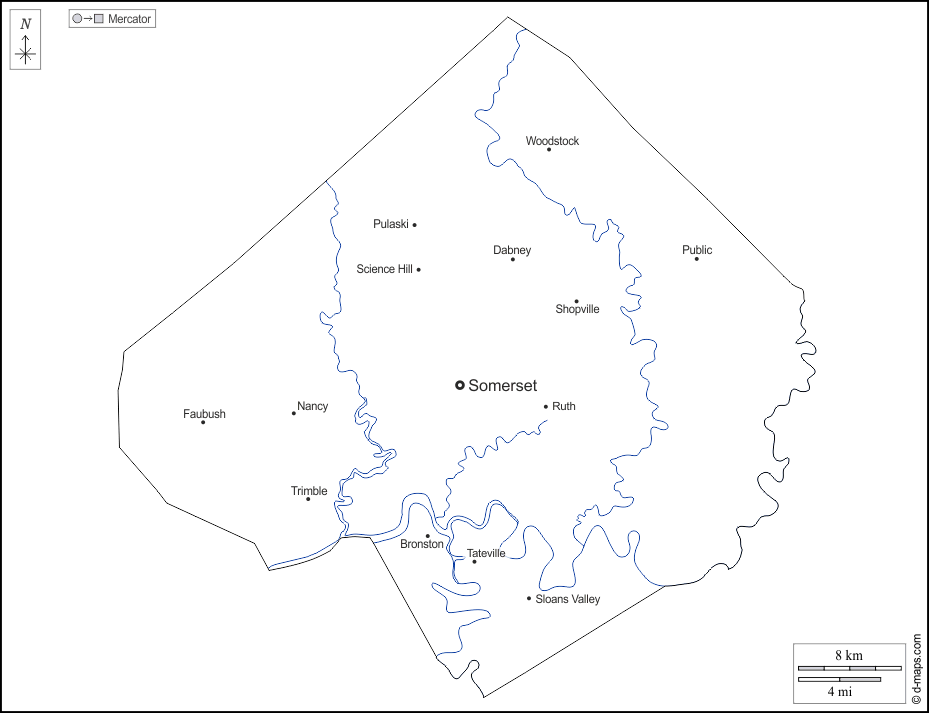 Contea di Pulaski : d-maps.com: mappa gratuita, mappa muta gratuita, cartina muta gratuita : contorni, idrografia, principali città, nomi, bianco
