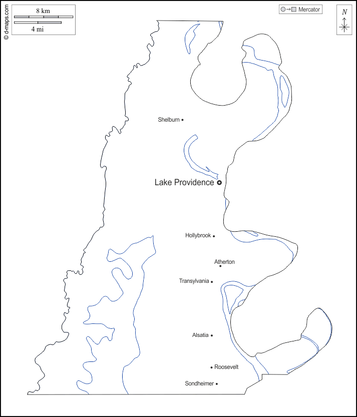 Parrocchia di East Carroll : d-maps.com: mappa gratuita, mappa muta gratuita, cartina muta gratuita : contorni, idrografia, principali città, nomi, bianco