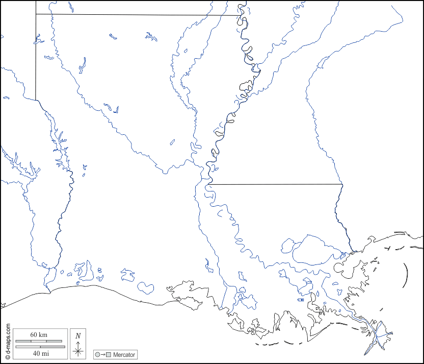 لويزيانا : خريطة مجانية, خريطة خاليه من الفراغ, خريطة الخطوط العريضة, خريطة القاعدة الحرة
 : حدود, هيدروغرافيا, أبيض