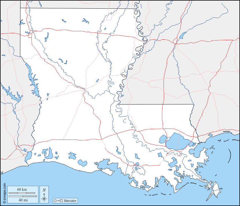 Louisiana : d-maps.com: Kostenlose Karten, kostenlose stumme Karte, kostenlose unausgefüllt Landkarte, kostenlose hochauflösende Umrisskarte : Grenzen, Hydrografie, Straßen