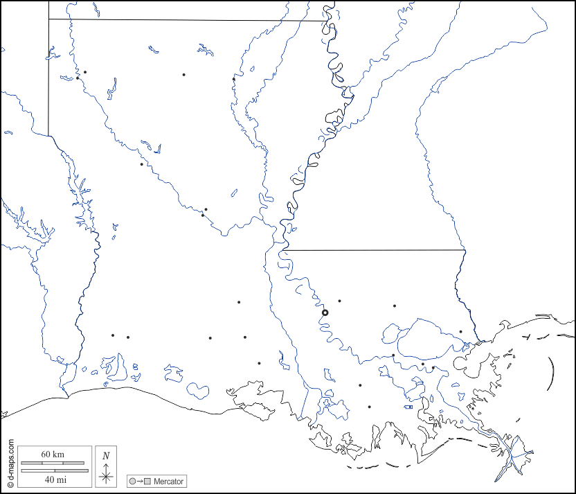 لويزيانا : خريطة مجانية, خريطة خاليه من الفراغ, خريطة الخطوط العريضة, خريطة القاعدة الحرة
 : حدود, هيدروغرافيا, المدن الرئيسية, أبيض
