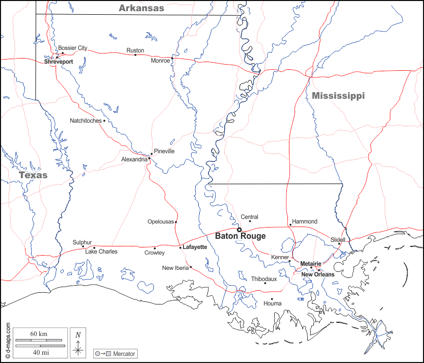 Louisiane : d-maps.com: carte géographique gratuite, carte géographique muette gratuite, carte vierge gratuite, fond de carte gratuit, formats graphiques courants : frontières, hydrographie, principales villes, routes, noms, blanc