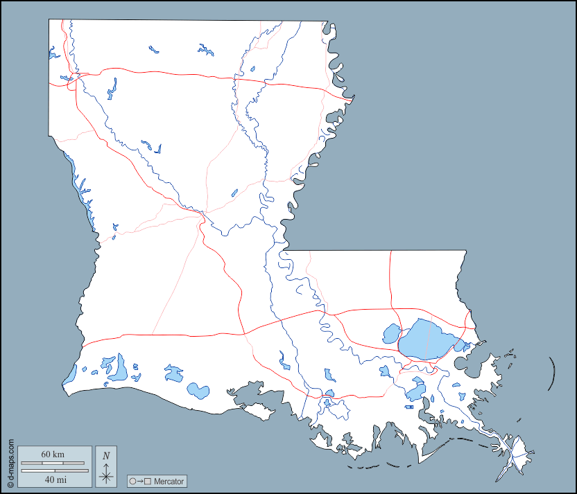 Louisiana : d-maps.com: mappa gratuita, mappa muta gratuita, cartina muta gratuita : contorni, idrografia, strade