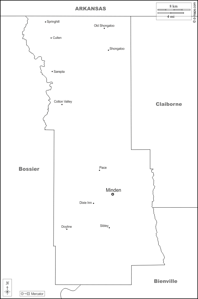 Parrocchia di Webster : d-maps.com: mappa gratuita, mappa muta gratuita, cartina muta gratuita : frontiere, principali città, nomi, bianco