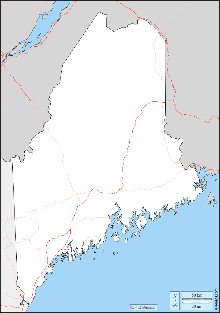 Maine : d-maps.com: mapa gratuito, mapa mudo gratuito, mapa en blanco gratuito, plantilla de mapa : fronteras, carreteras