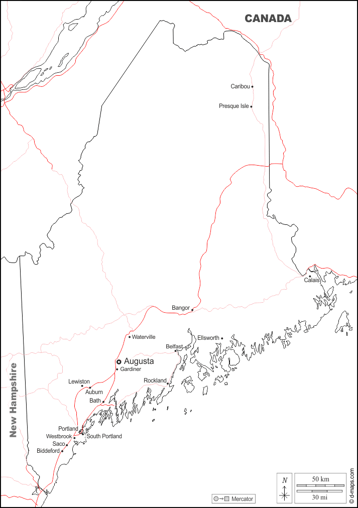 Maine : d-maps.com: free map, free blank map, free outline map, free base map : boundaries, main cities, roads, names, white