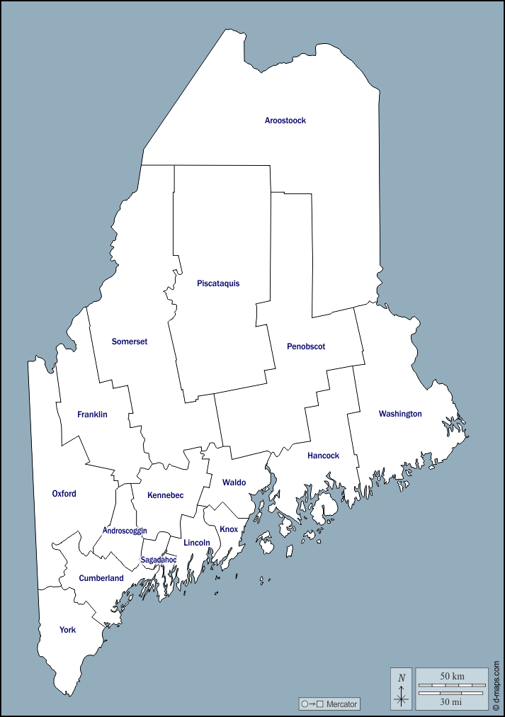 Maine : d-maps.com: free map, free blank map, free outline map, free base map : outline, counties, names