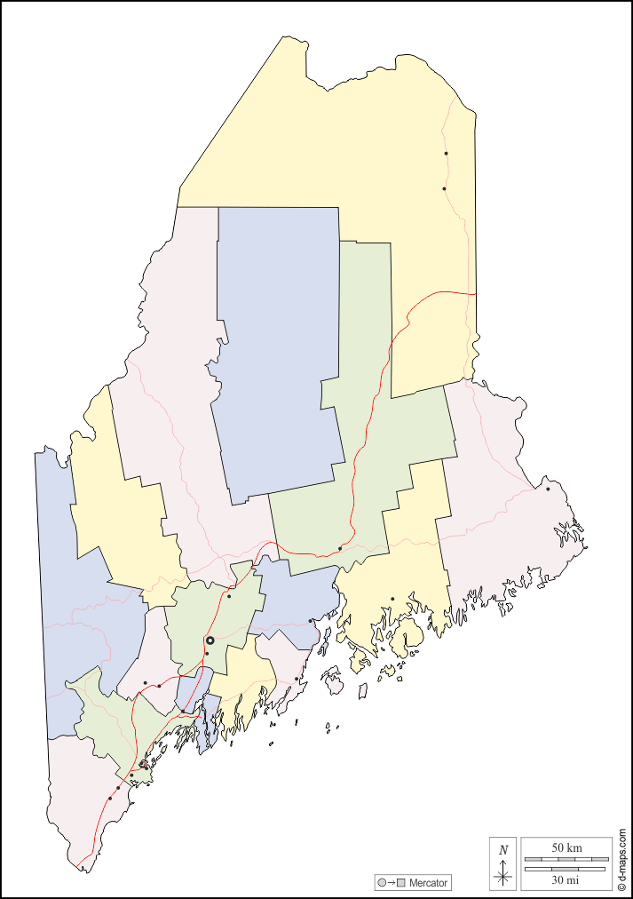 Maine : d-maps.com: mappa gratuita, mappa muta gratuita, cartina muta gratuita : contorni, contee, principali città, strade, colore, bianco