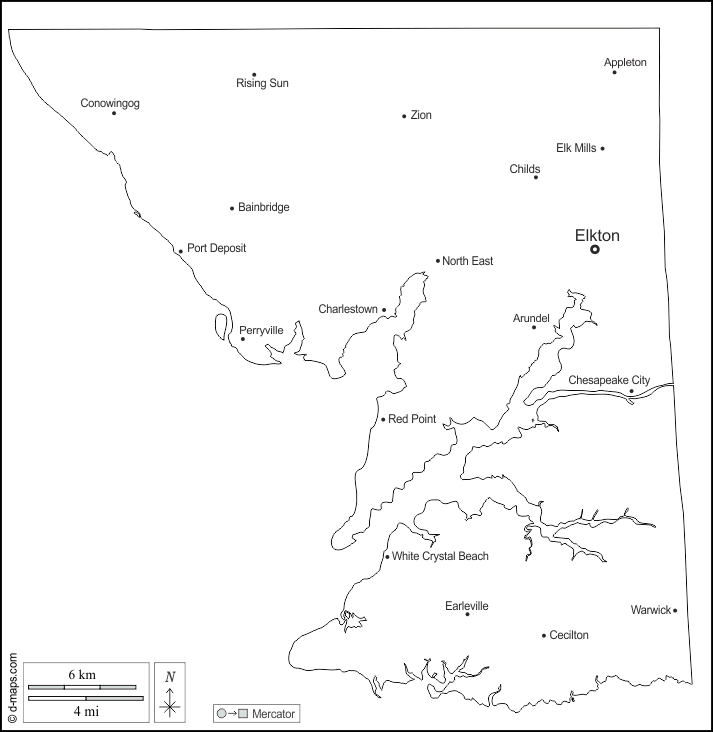 Contea di Cecil : d-maps.com: mappa gratuita, mappa muta gratuita, cartina muta gratuita : contorni, principali città, nomi, bianco