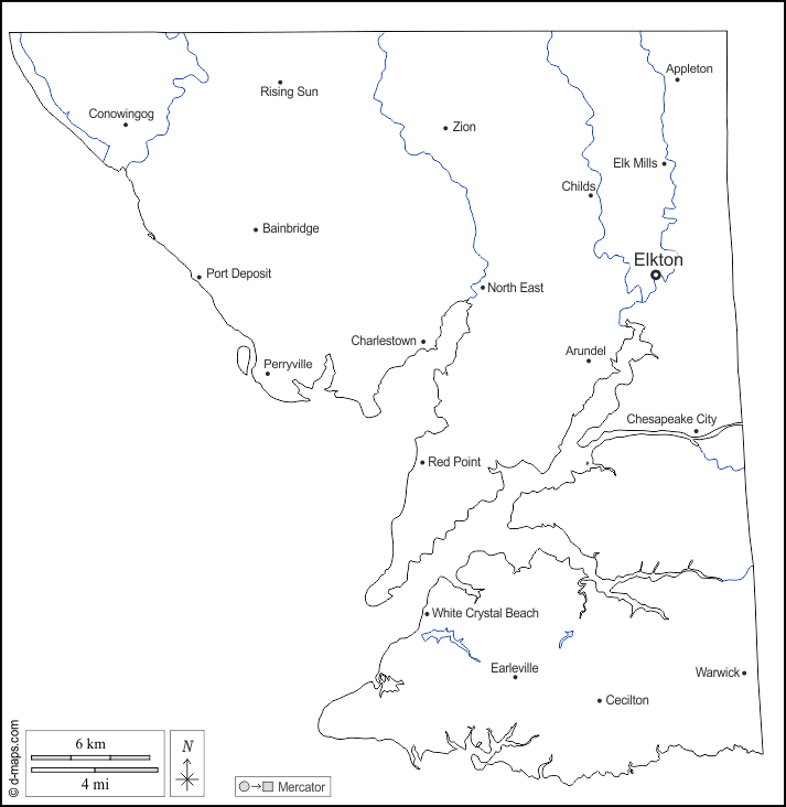 Contea di Cecil : d-maps.com: mappa gratuita, mappa muta gratuita, cartina muta gratuita : contorni, idrografia, principali città, nomi, bianco