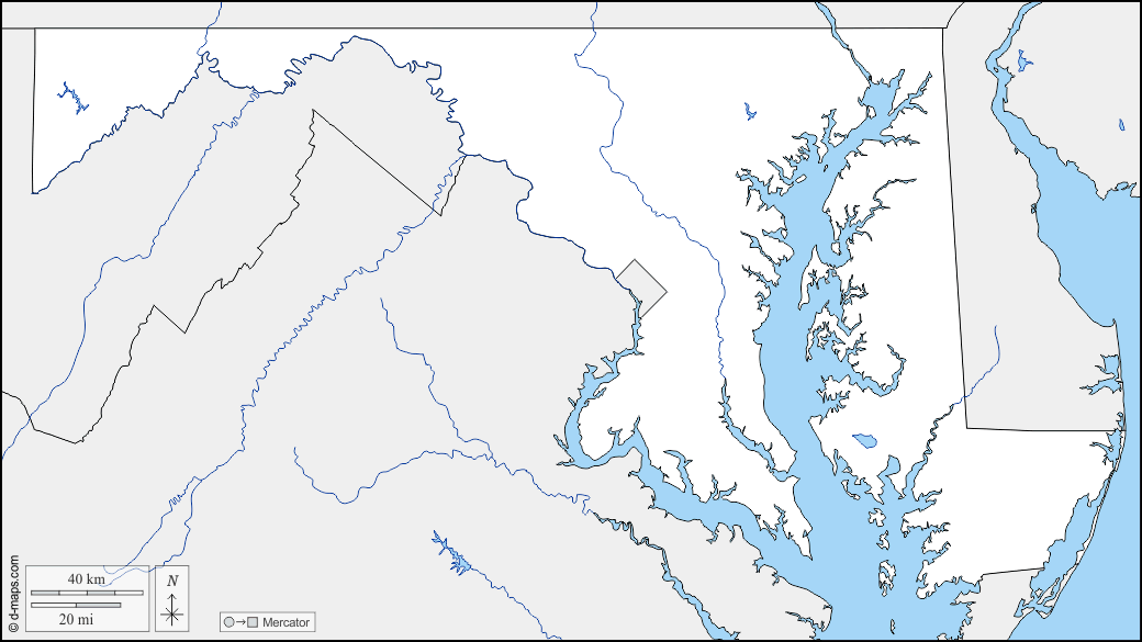 Maryland : d-maps.com: mapa gratuito, mapa mudo gratuito, mapa en blanco gratuito, plantilla de mapa : fronteras, hidrografía