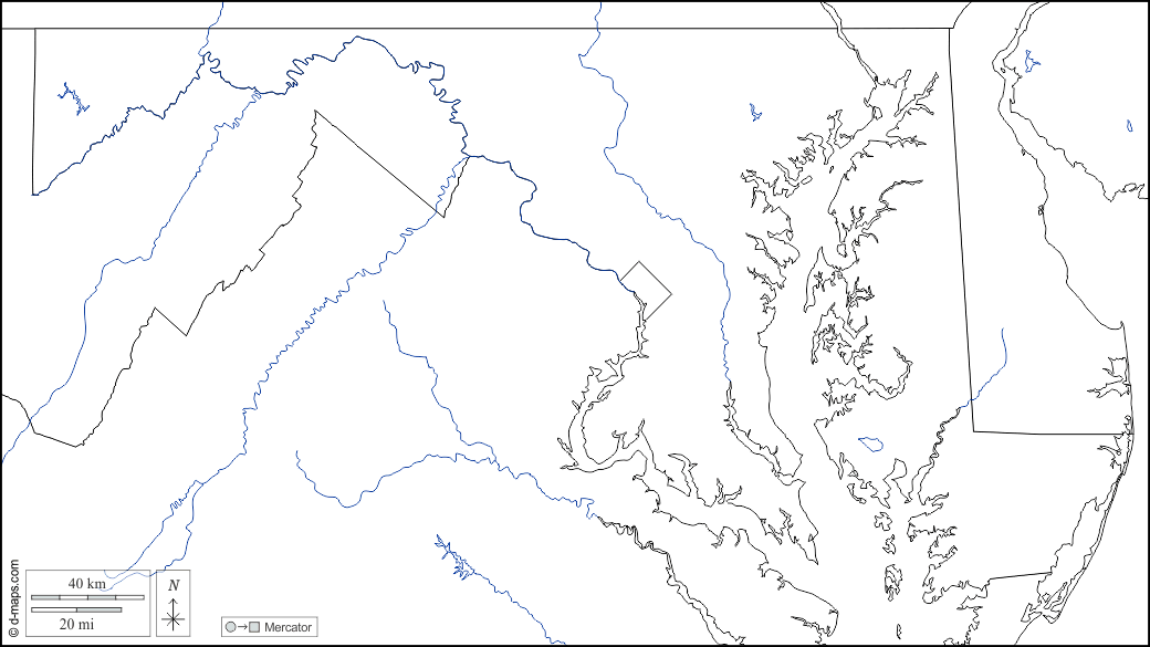 Maryland : d-maps.com: carte géographique gratuite, carte géographique muette gratuite, carte vierge gratuite, fond de carte gratuit, formats graphiques courants : frontières, hydrographie, blanc