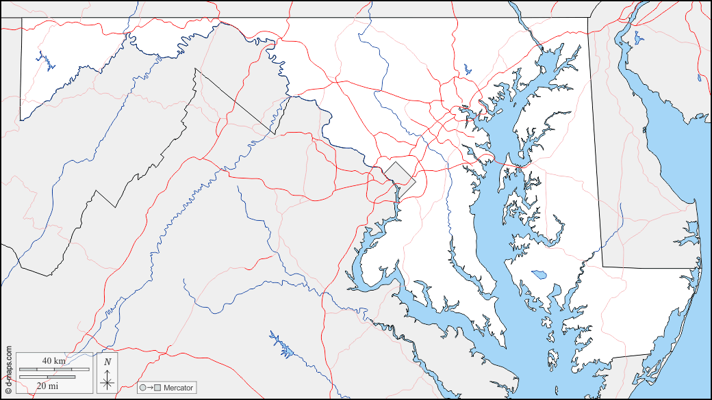 Maryland : d-maps.com: mapa gratuito, mapa mudo gratuito, mapa en blanco gratuito, plantilla de mapa : fronteras, hidrografía, carreteras