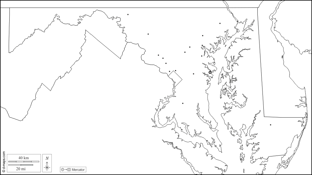 Maryland : d-maps.com: mappa gratuita, mappa muta gratuita, cartina muta gratuita : frontiere, principali città, bianco