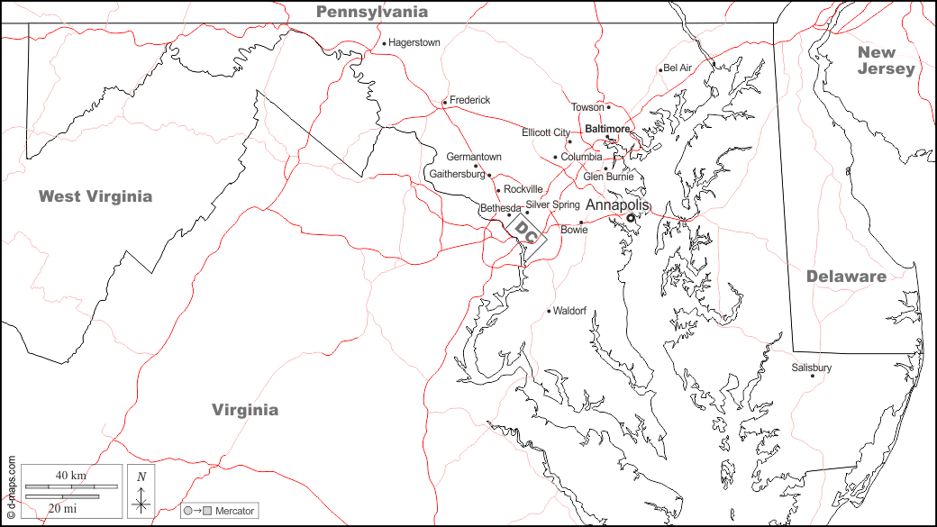 Maryland : d-maps.com: Kostenlose Karten, kostenlose stumme Karte, kostenlose unausgefüllt Landkarte, kostenlose hochauflösende Umrisskarte : Grenzen, Wichtige Städte, Straßen, Namen, weiß