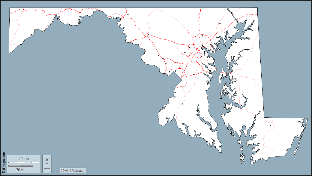 メリーランド : d-maps.com: 無料地図, 無料の空の地図, 無料のアウトラインマップ, 無料のベースマップ
 : 輪郭, 主要都市, 道路