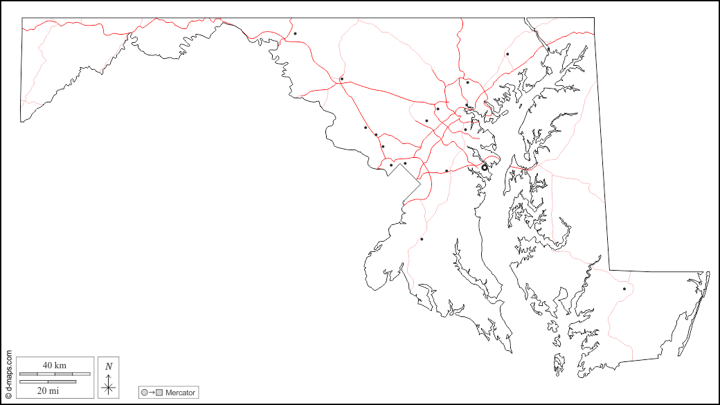 ماريلند : خريطة مجانية, خريطة خاليه من الفراغ, خريطة الخطوط العريضة, خريطة القاعدة الحرة
 : الخطوط العريضة, المدن الرئيسية, الطرق, أبيض