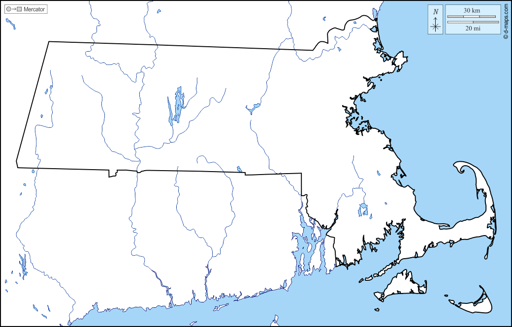 Massachusetts : d-maps.com: Kostenlose Karten, kostenlose stumme Karte, kostenlose unausgefüllt Landkarte, kostenlose hochauflösende Umrisskarte : Küsten, Grenzen, Hydrografie