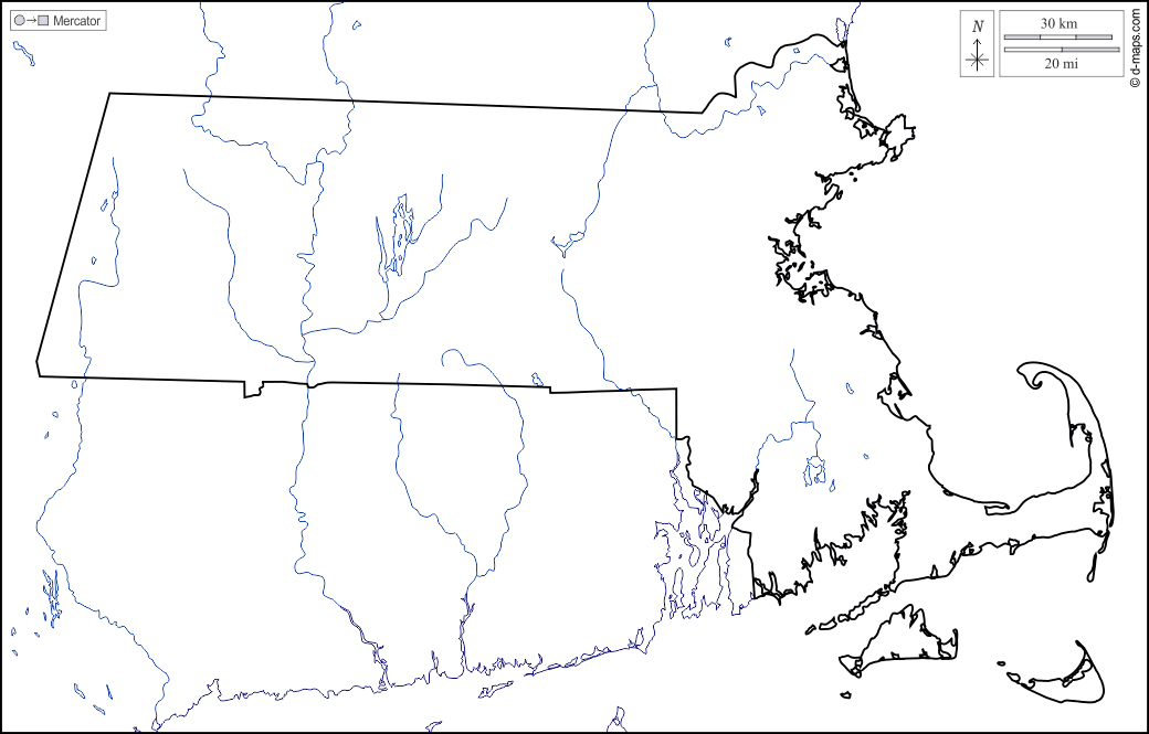 Massachusetts : d-maps.com: Kostenlose Karten, kostenlose stumme Karte, kostenlose unausgefüllt Landkarte, kostenlose hochauflösende Umrisskarte : Küsten, Grenzen, Hydrografie, weiß