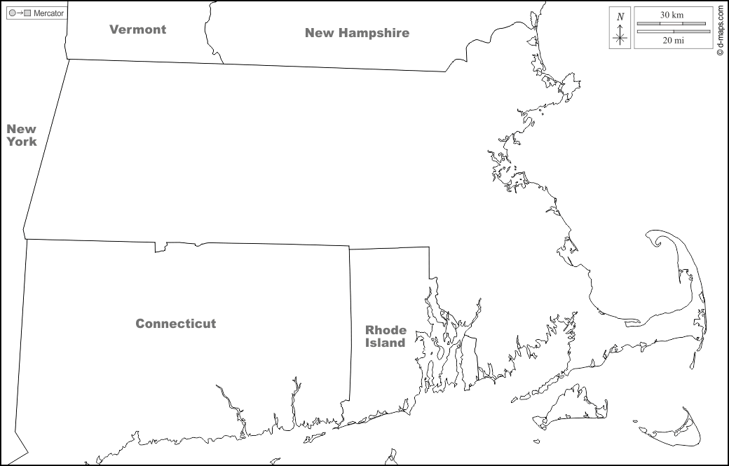 Massachusetts : d-maps.com: Kostenlose Karten, kostenlose stumme Karte, kostenlose unausgefüllt Landkarte, kostenlose hochauflösende Umrisskarte : Grenzen, Namen, weiß