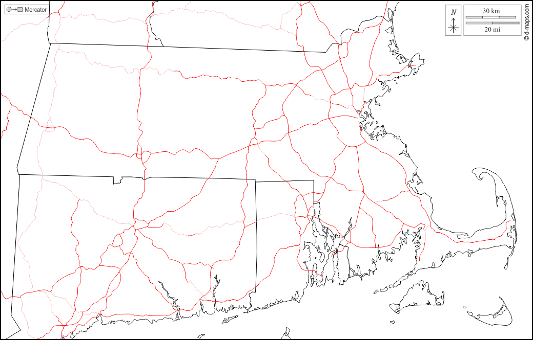 Massachusetts : d-maps.com: Kostenlose Karten, kostenlose stumme Karte, kostenlose unausgefüllt Landkarte, kostenlose hochauflösende Umrisskarte : Grenzen, Autobahnen, weiß