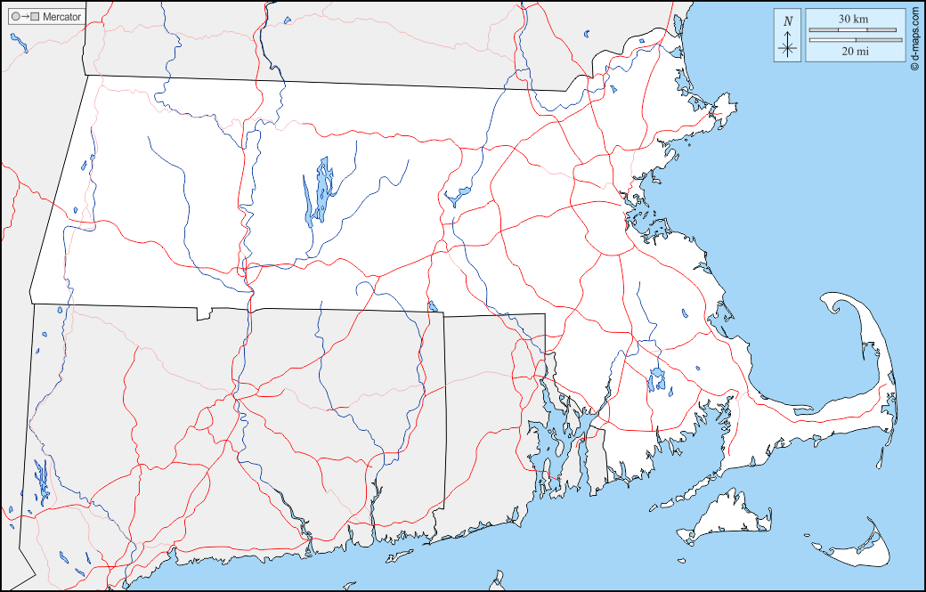 Massachusetts : d-maps.com: Kostenlose Karten, kostenlose stumme Karte, kostenlose unausgefüllt Landkarte, kostenlose hochauflösende Umrisskarte : Grenzen, Hydrografie, Straßen