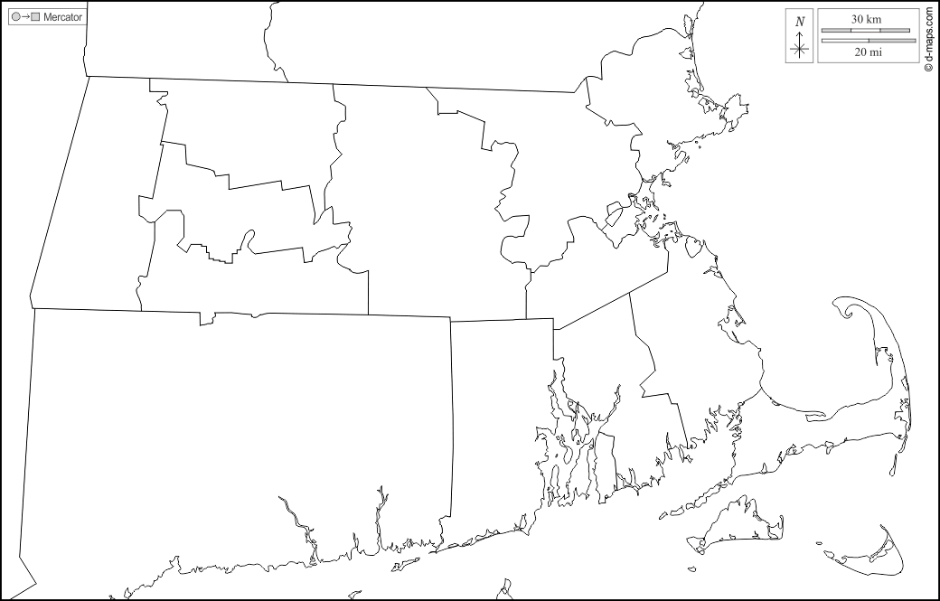 Massachusetts : d-maps.com: Kostenlose Karten, kostenlose stumme Karte, kostenlose unausgefüllt Landkarte, kostenlose hochauflösende Umrisskarte : Grenzen, Landkreise, weiß