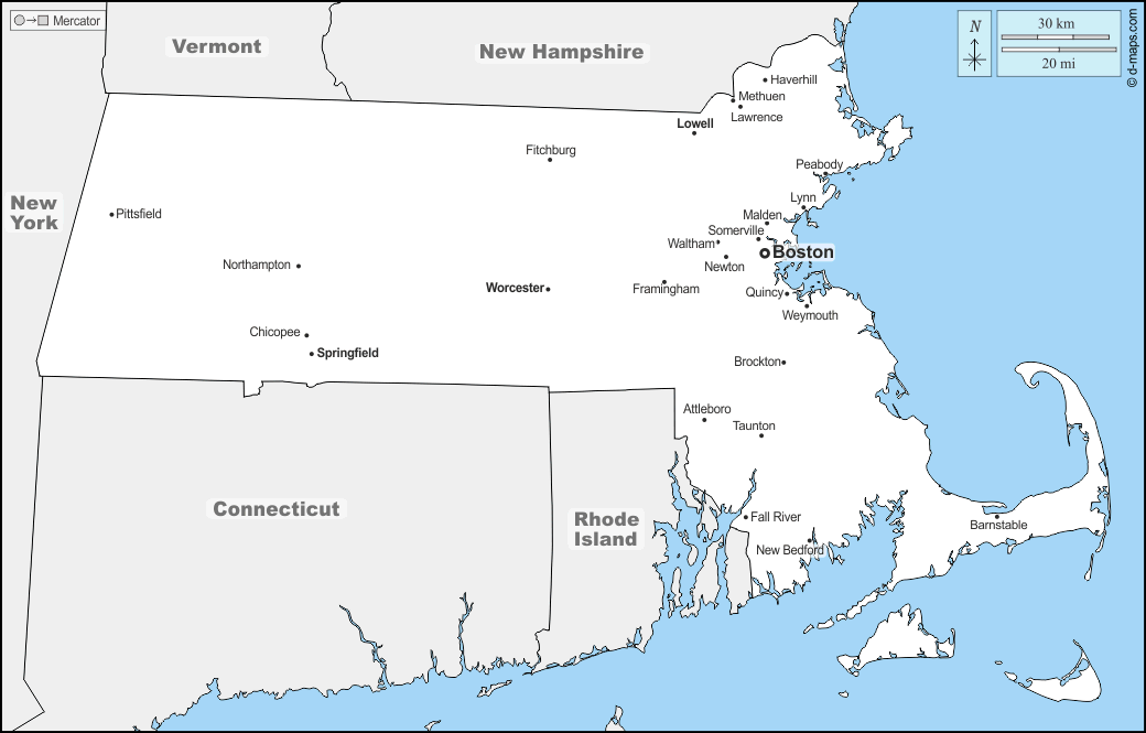 Massachusetts : d-maps.com: mappa gratuita, mappa muta gratuita, cartina muta gratuita : frontiere, principali città, nomi